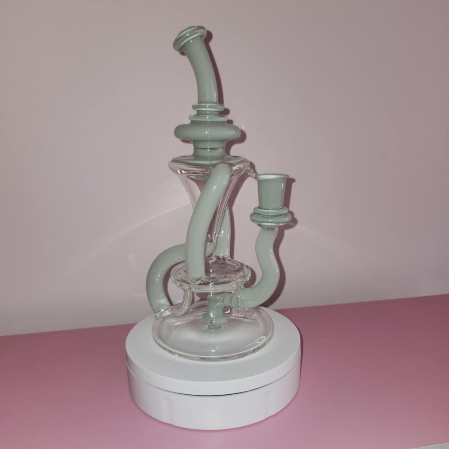 Gentry Vortex Recycler Ghost Teal glass dab rig showing teal-tinted recycler chamber with vortex-style internal airflow design