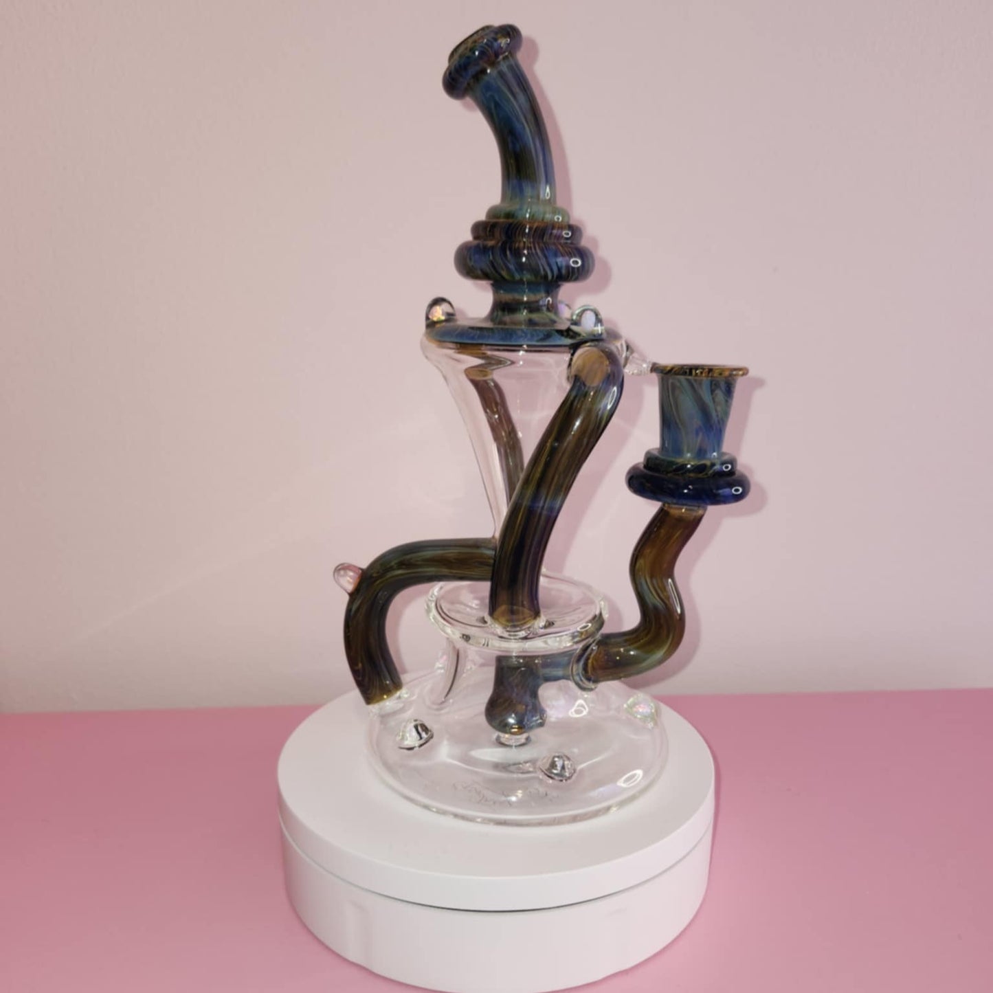 close-up of Klein Vortex recycler system showing internal glass pathways and precision handblown joints