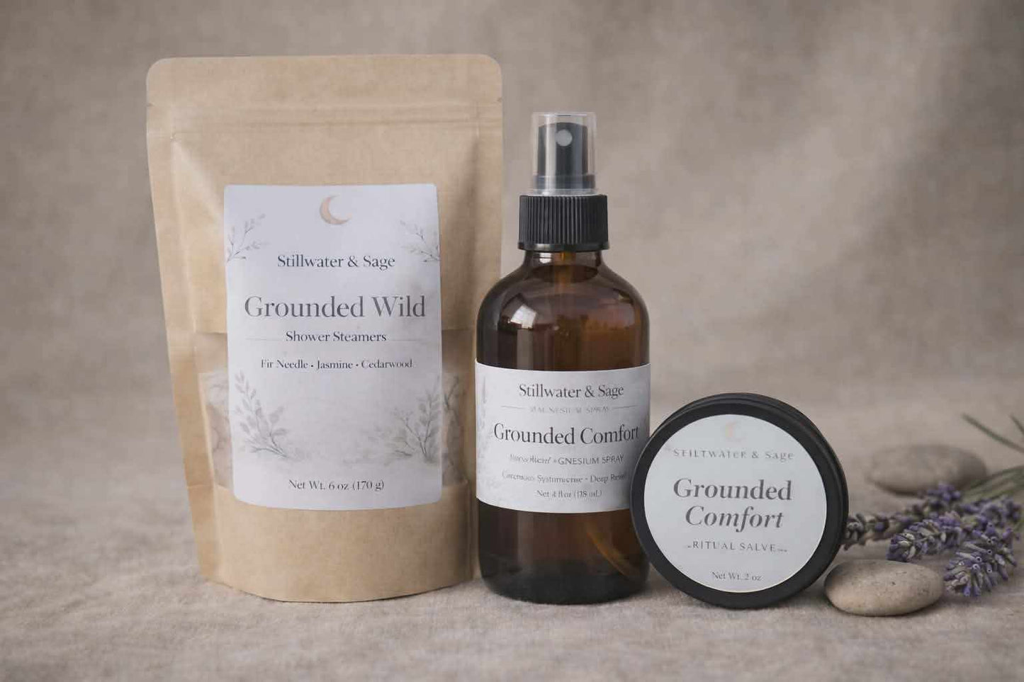 grounding ritual skincare set with magnesium spray salve and shower steamers for stress relief and muscle recovery