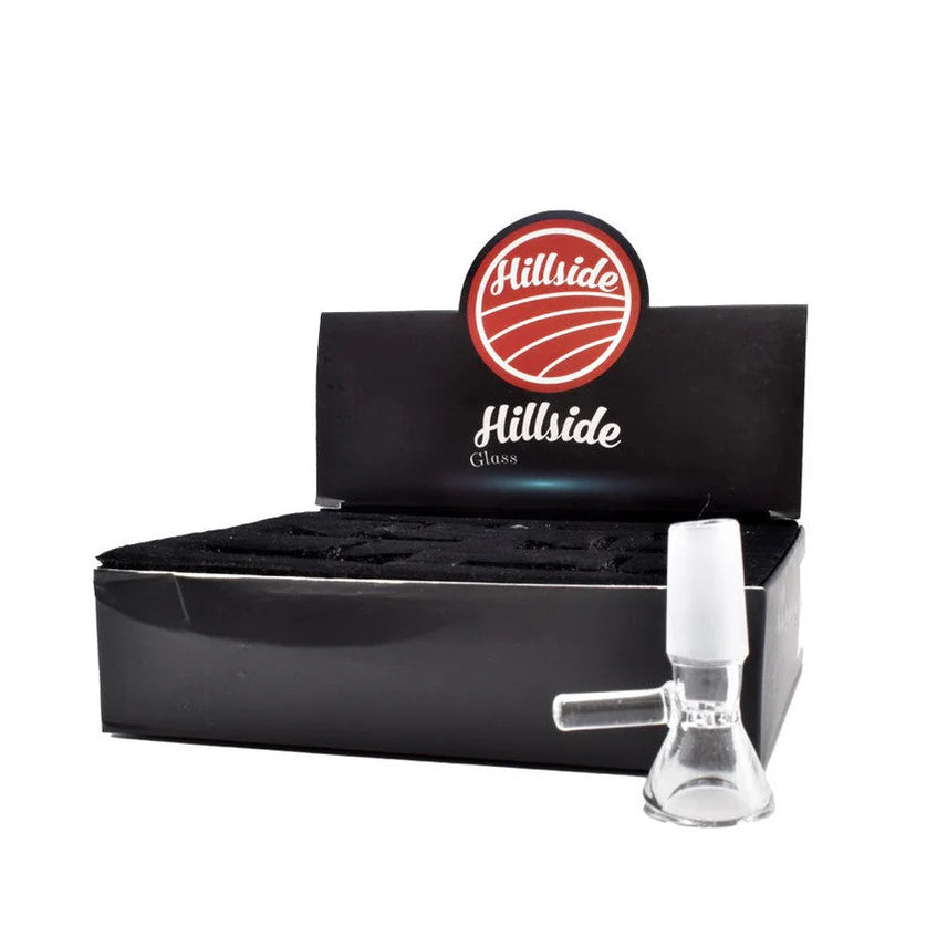 Replacement 14mm male martini bowl piece made of clear glass with a side handle.