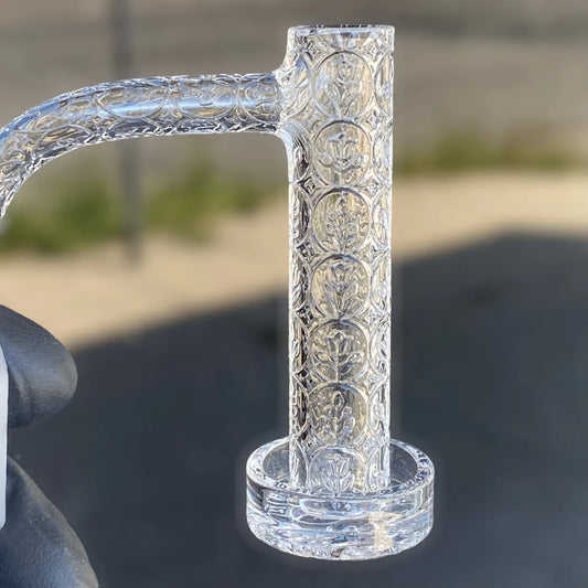 16mm engraved quartz banger with XL tower design and frosted 14mm male joint for low-temp dabs
