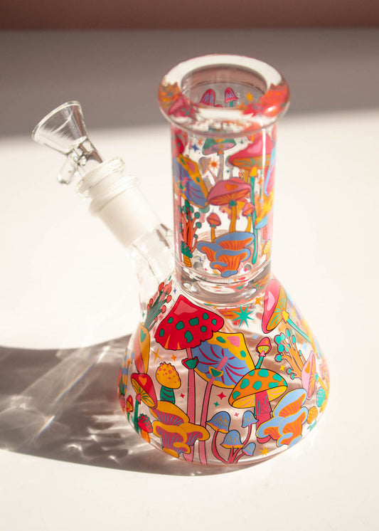 6 inch mushroom glass bong with colorful print and ice catcher