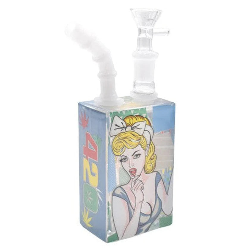 Front view of a 7" juice box bong featuring a blonde pin-up girl graphic on blue glass with a white mouthpiece.