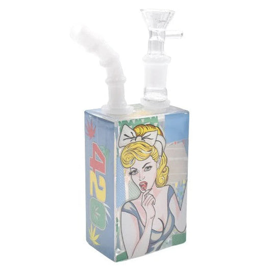 Front view of a 7" juice box bong featuring a blonde pin-up girl graphic on blue glass with a white mouthpiece.