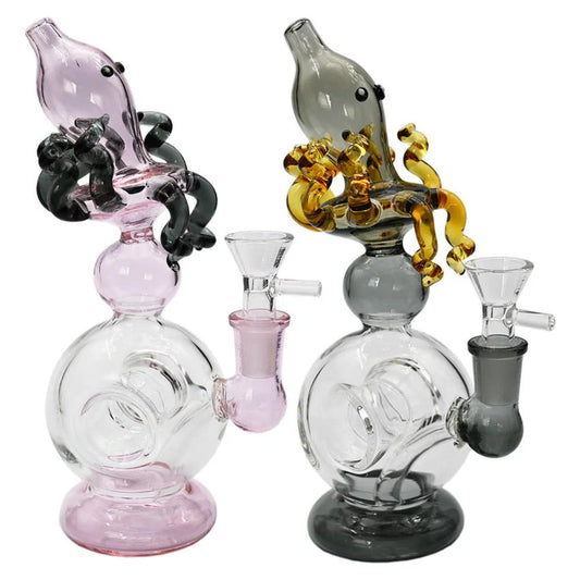 8 Octopus Art Water Pipe Pink shown in full 8 inch sculpted glass design with detailed octopus arms wrapping the chamber on a clean background