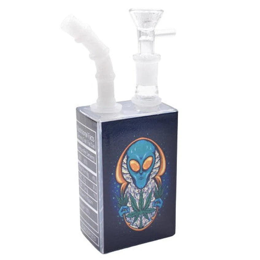 Alien Juice Box Bong in Ghost Lime finish shown from front angle displaying compact juice box style chamber and alien-themed glass design