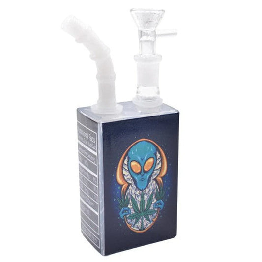 Alien Juice Box Bong in Ghost Lime finish shown from front angle displaying compact juice box style chamber and alien-themed glass design