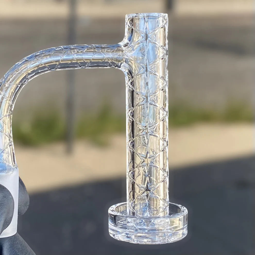 Gee West 16mm XL tower quartz banger with engraved clear quartz body designed for improved airflow and concentrate vapor performance in rig setups