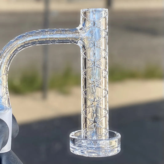 Gee West 16mm XL tower quartz banger with engraved clear quartz body designed for improved airflow and concentrate vapor performance in rig setups