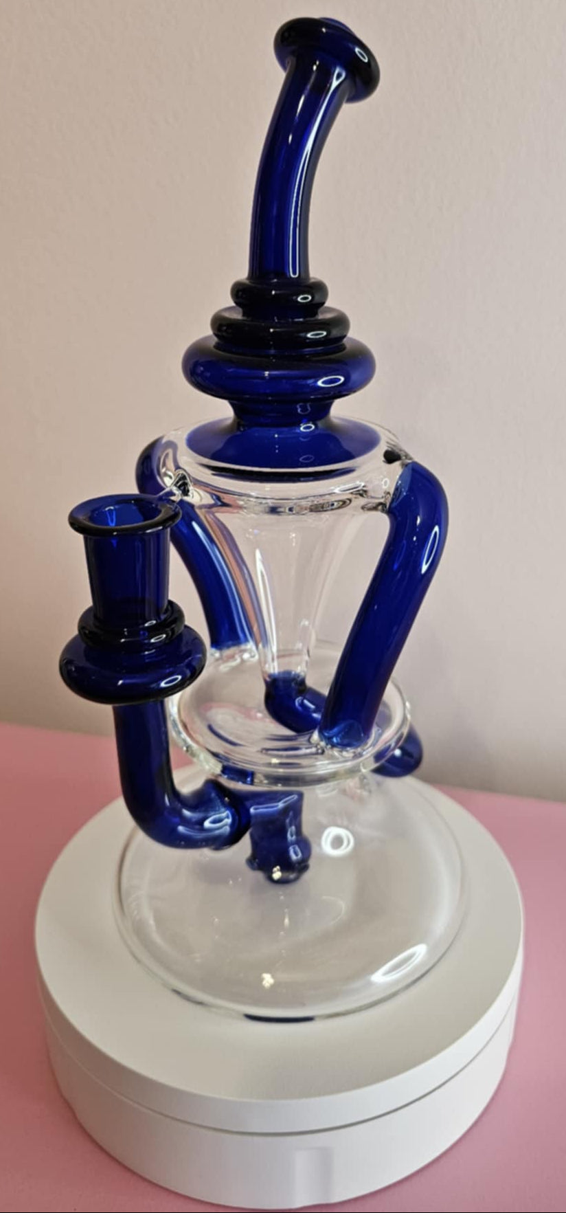 Gentry Double Amber Purple Recycler glass dab rig shown from front angle with dual chamber recycler design and amber purple color accents