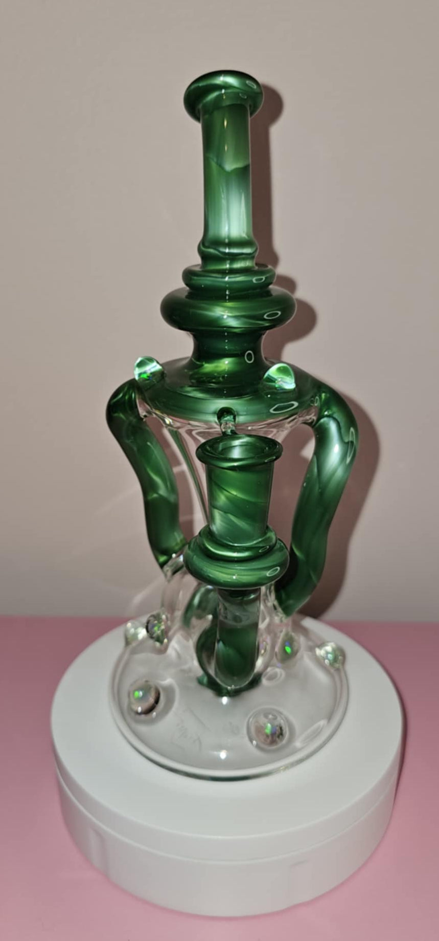 Gentry Millennium Green Inlaid Drain Recycler glass dab rig shown from front angle with green recycler chamber and functional drain pathway design