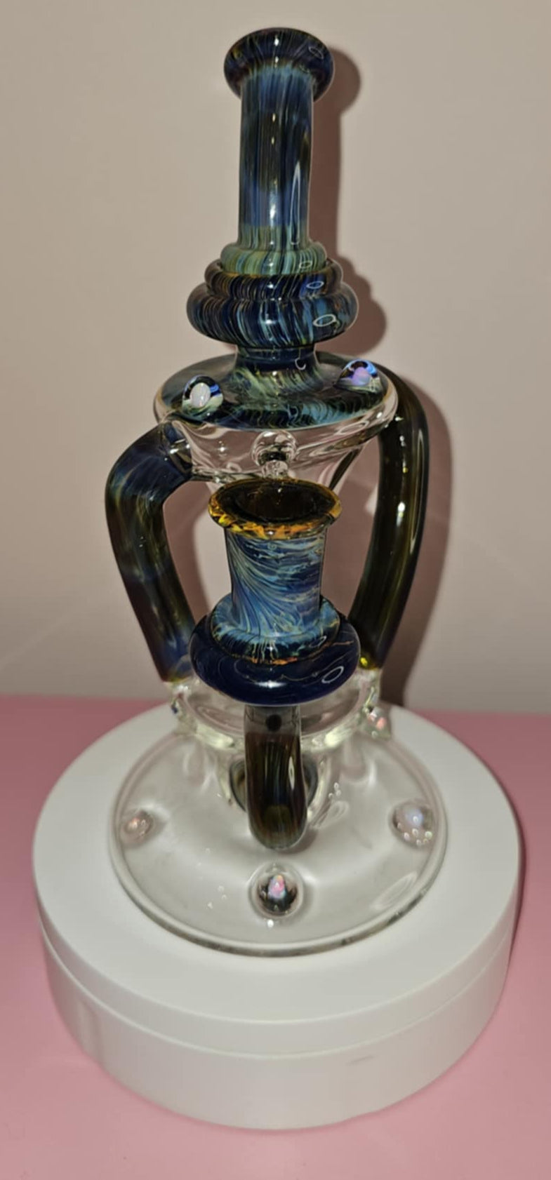 Gentrys Custom Color Klein Vortex glass dab rig featuring intricate recycler vortex chamber and custom color glass finish displayed upright