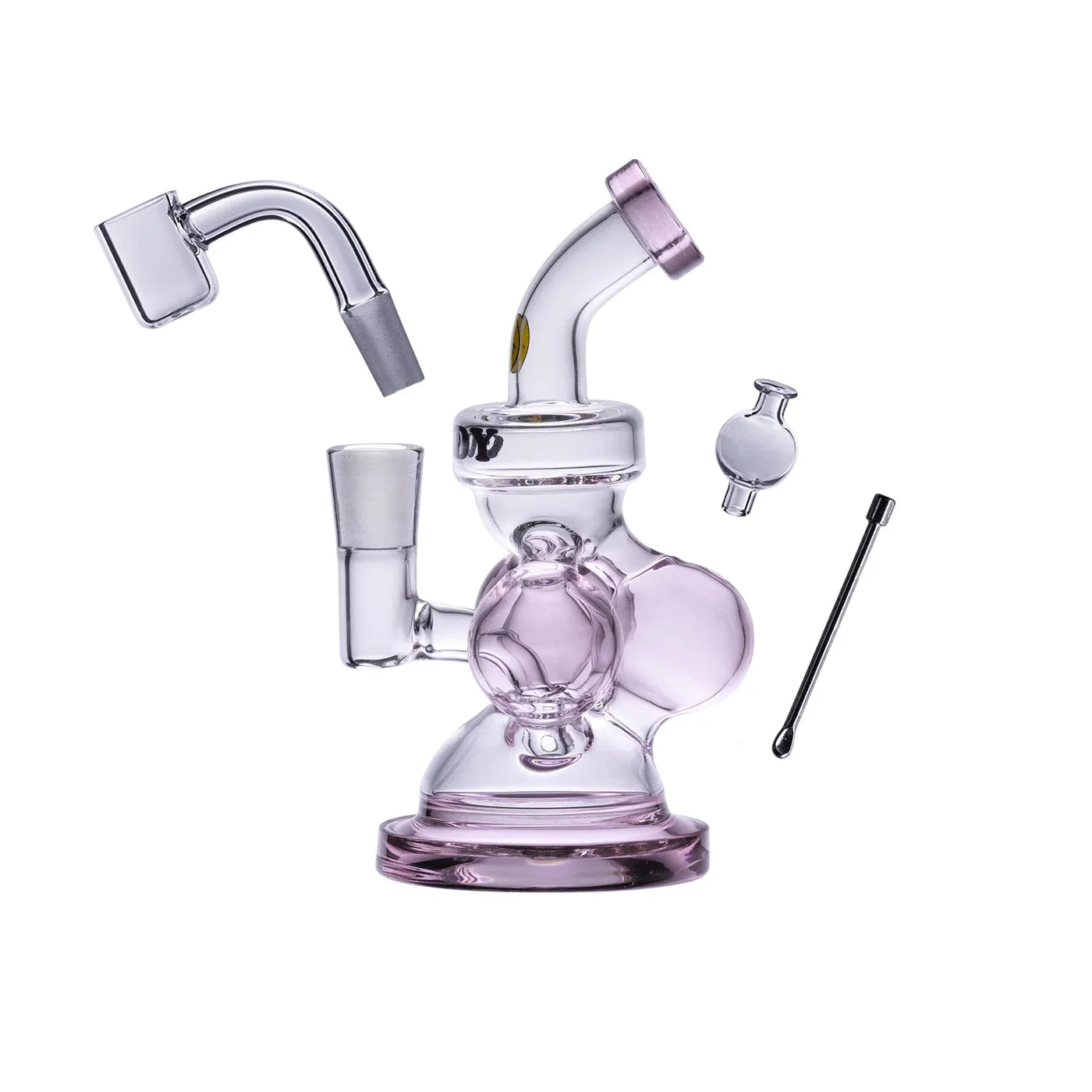 Goody Glass Atom Mini Rig Kit Pink 4.5 inch glass dab rig with spherical cooling chambers and quartz banger on display