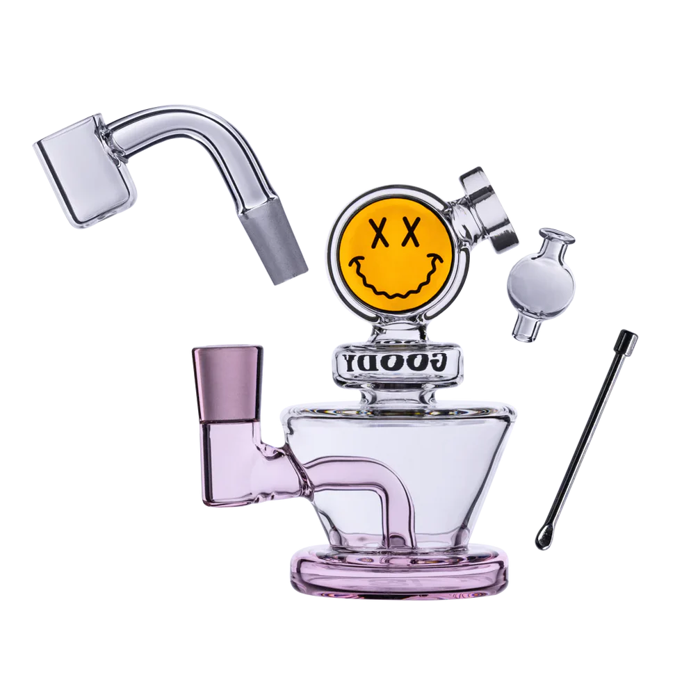 Pink Goody Glass Big Face mini rig 4 piece kit shown angled on white background highlighting compact glass body and chamber design