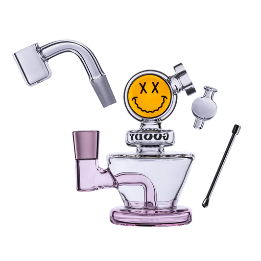 Pink Goody Glass Big Face mini rig 4 piece kit shown angled on white background highlighting compact glass body and chamber design
