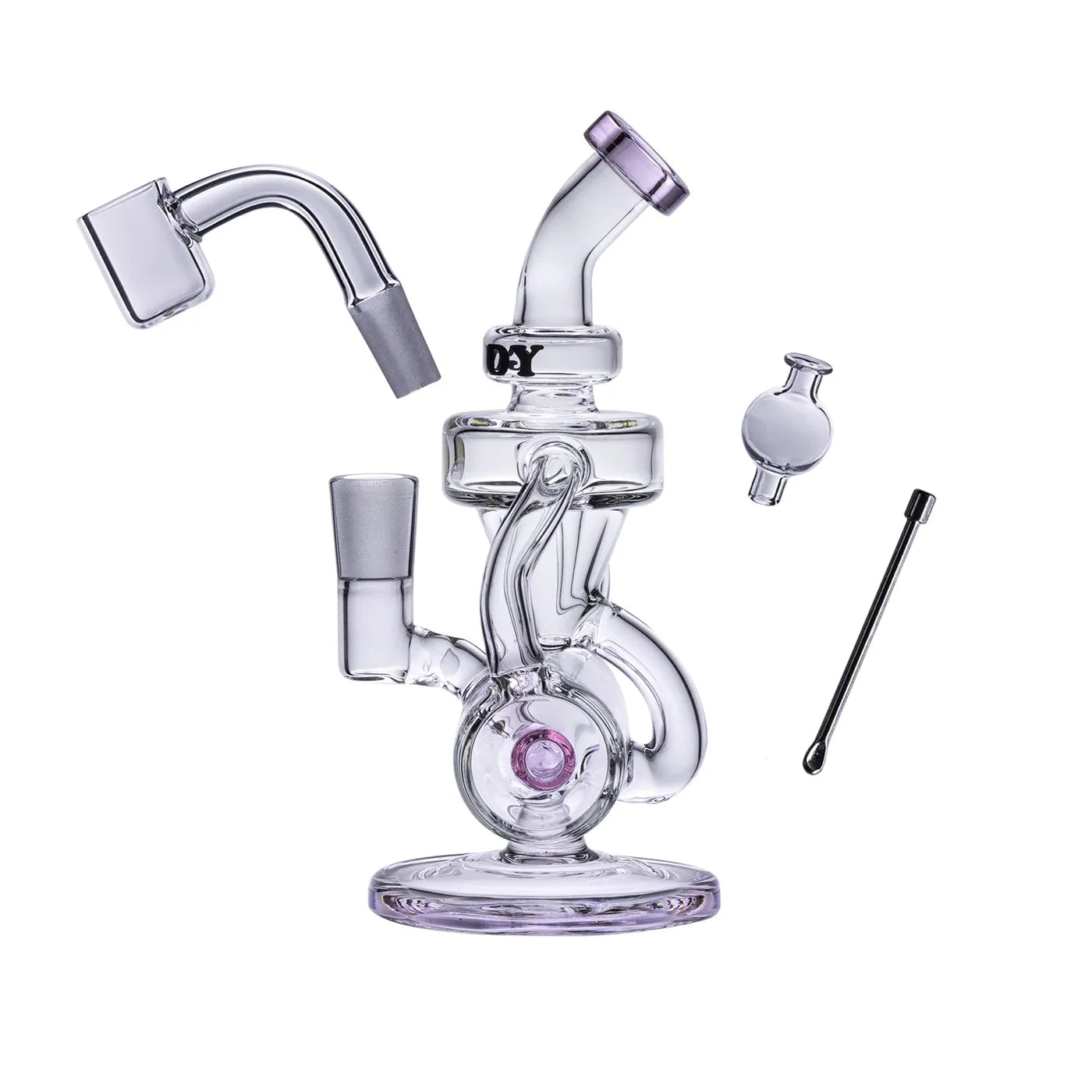 Goody Glass Drummer Boy mini dab rig kit — 6-inch barrel recycler with hammerhead percolator, quartz banger, carb cap, and dab tool