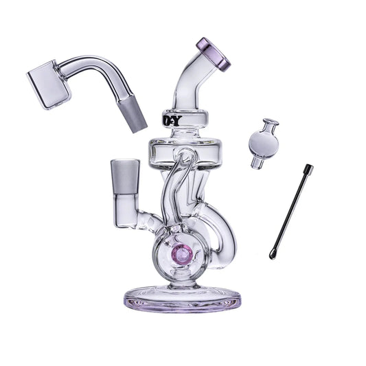 Goody Glass Drummer Boy mini dab rig kit — 6-inch barrel recycler with hammerhead percolator, quartz banger, carb cap, and dab tool