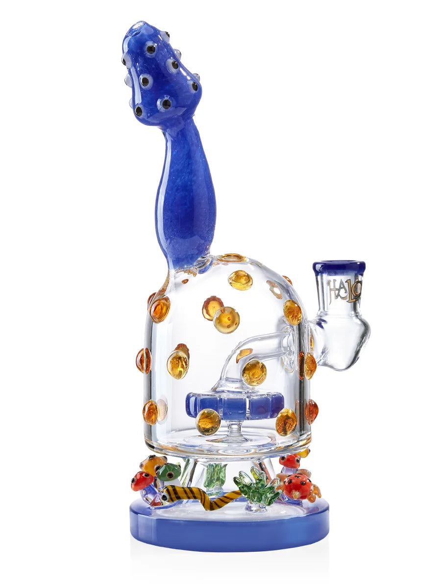 Lookah mushroom glass bong 9 inch showerhead perc featuring colorful mushroom design, bead accents, and upright water pipe structure