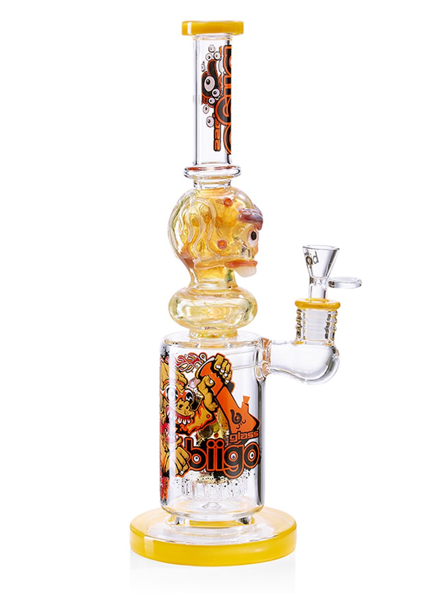 Lookah Skull Glass Bong Yellow 14 Inch shown front view with bold yellow skull design and clear water chamber