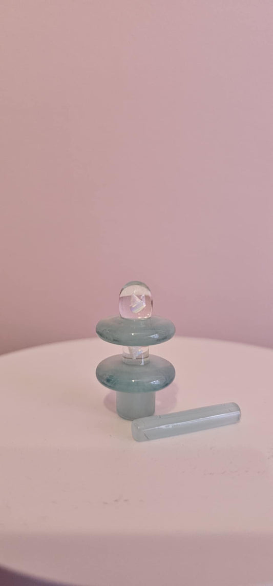 Mac Savage teal control topper on quartz banger improving airflow and terp retention