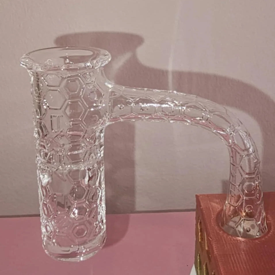 Papa D Bucket Banger 1 in Clear Quartz shown at an angle to highlight the thick 14mm male joint. A high-quality Papa D Clear Quartz bucket banger ready for use with a concentrate rig.