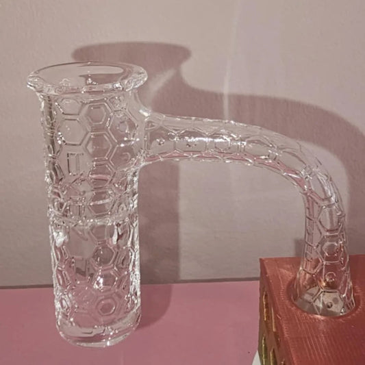 Papa D Bucket Banger 1 in Clear Quartz shown at an angle to highlight the thick 14mm male joint. A high-quality Papa D Clear Quartz bucket banger ready for use with a concentrate rig.