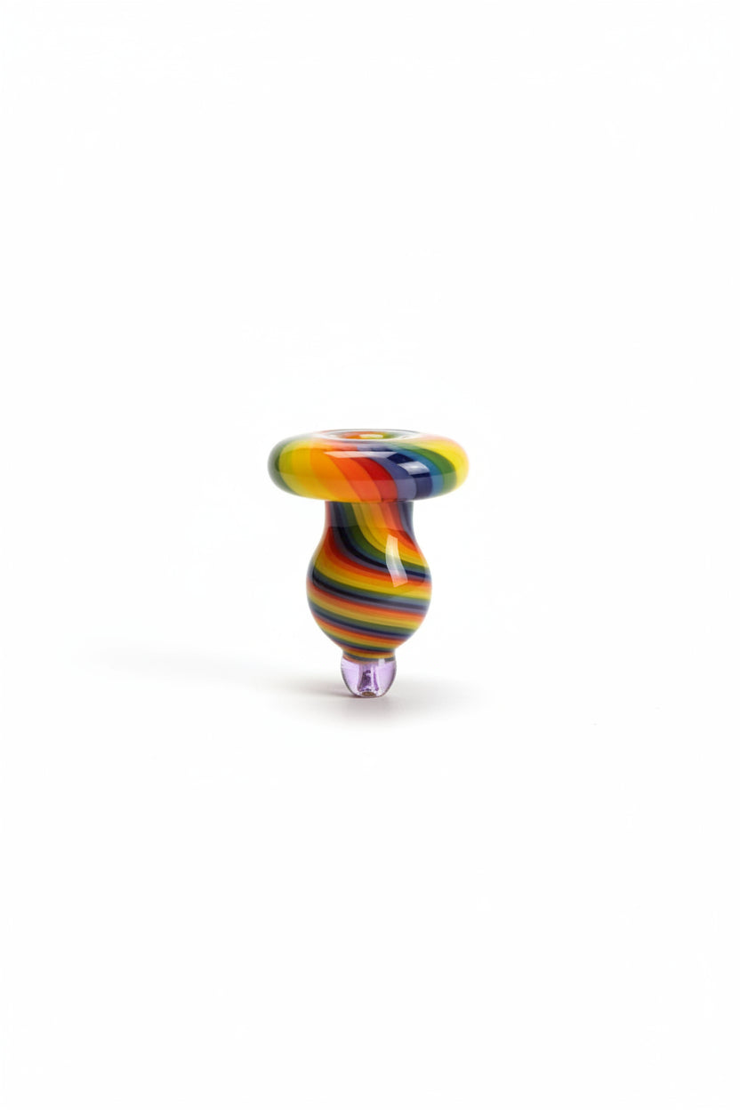Close-up of Rainbow Swirl Bubble Carb Cap showing glass and airflow shape