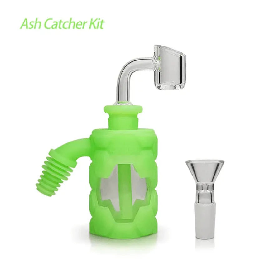 Silicone ash catcher kit in green used with a bong for smoother filtered hits and easy cleaning