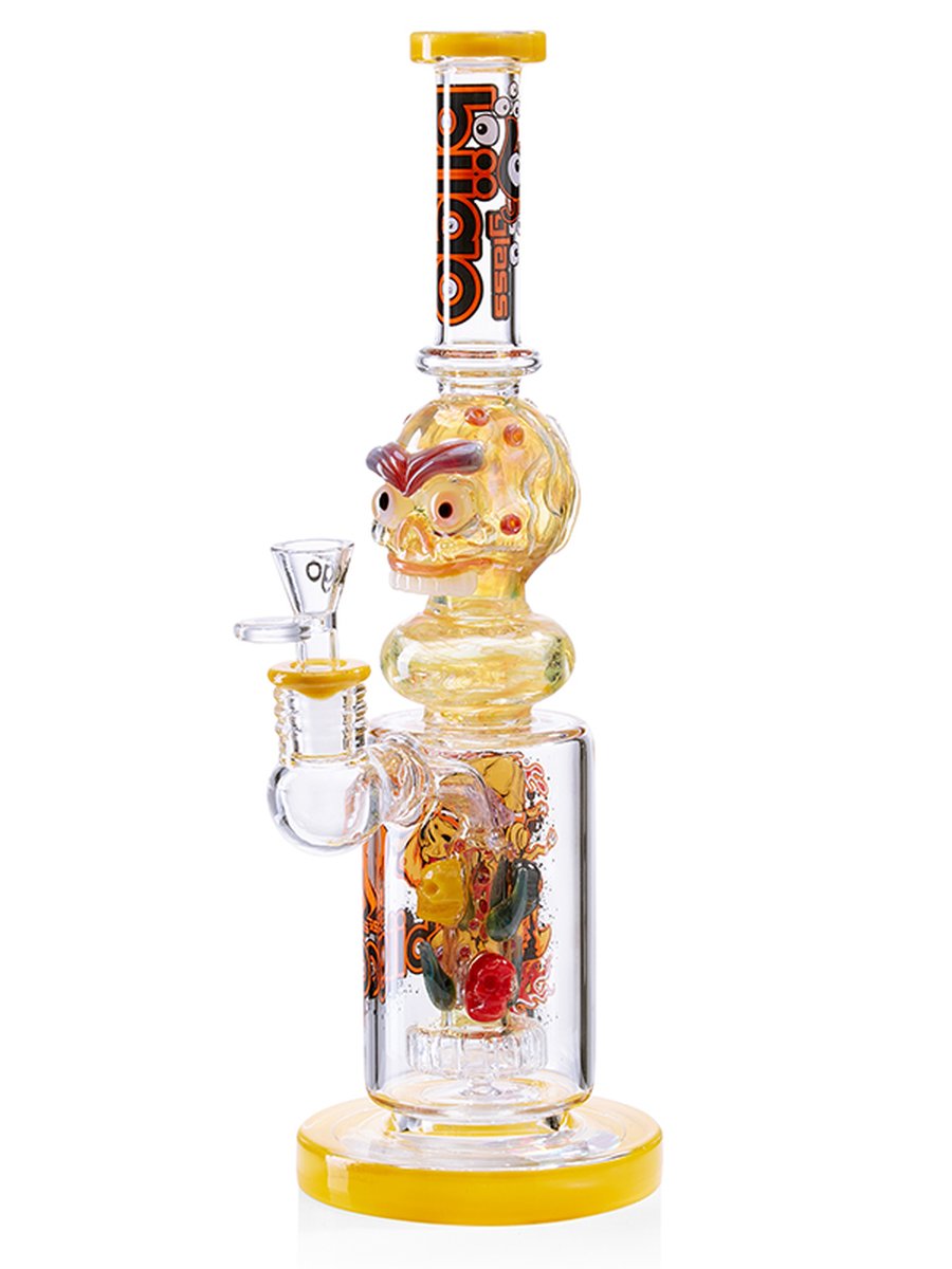 Close-up of skull glass bong 14 inch highlighting carved skull details and smooth glass craftsmanship