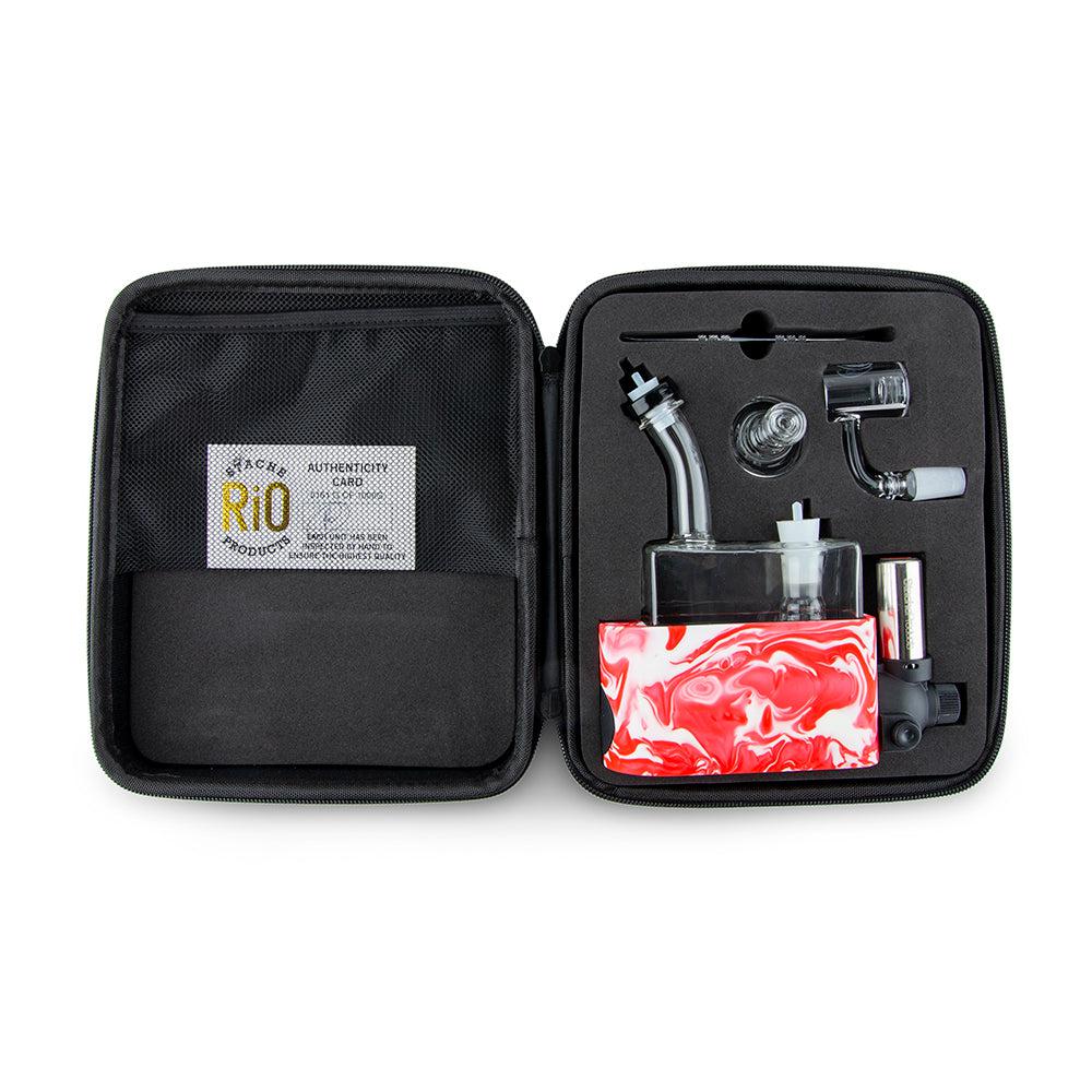 Stache RIO Dab Rig Matte Red with built-in torch, quartz banger, and glass bubbler featuring showerhead percolator