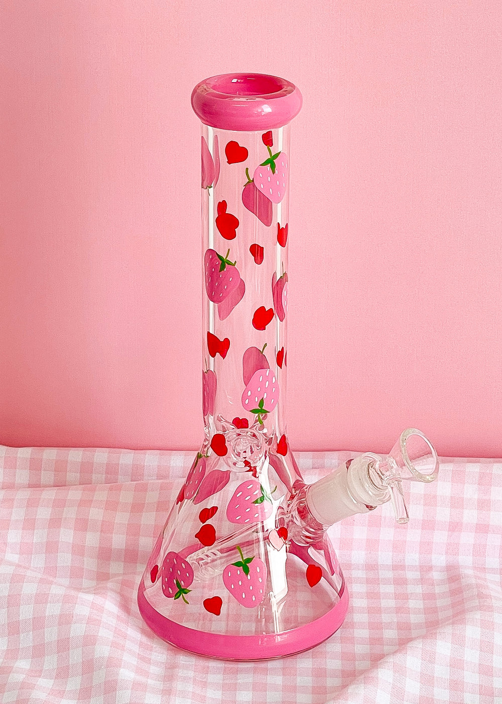 10 inch strawberry glass bong with pink design and ice catcher