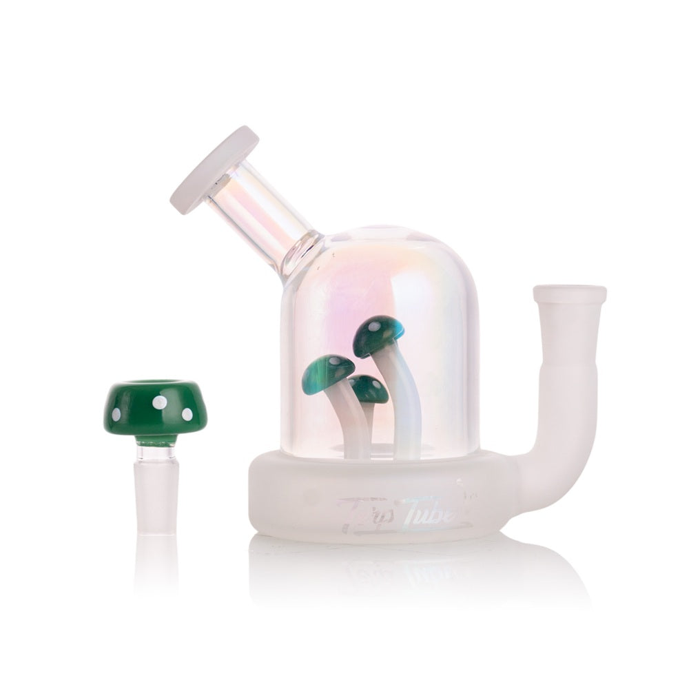 close-up of glass dome chamber showing internal sculpted mushrooms and 14mm joint connection with smooth borosilicate finish