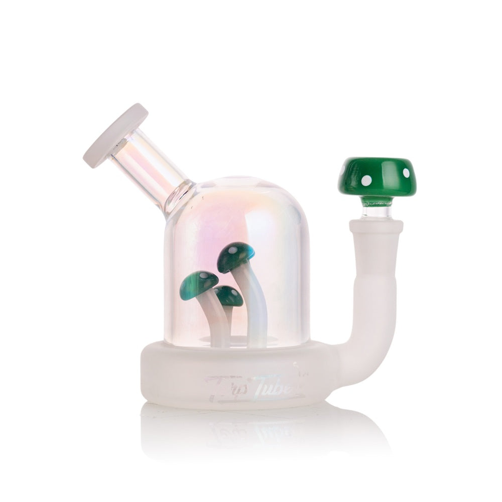 Terp Tube Mushroom Rig Green with Matching Shroom Slide glass rig with dome chamber and sculpted mushrooms in green finish displayed on surface